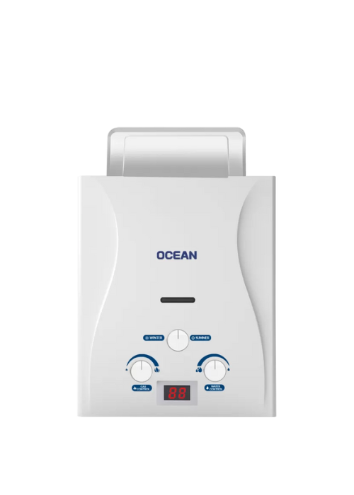 OCEGWH6NGD Ocean 6-Liter Digital Gas Water Heater without a chimney, with the option to operate with an adapter, complete safety, in white.