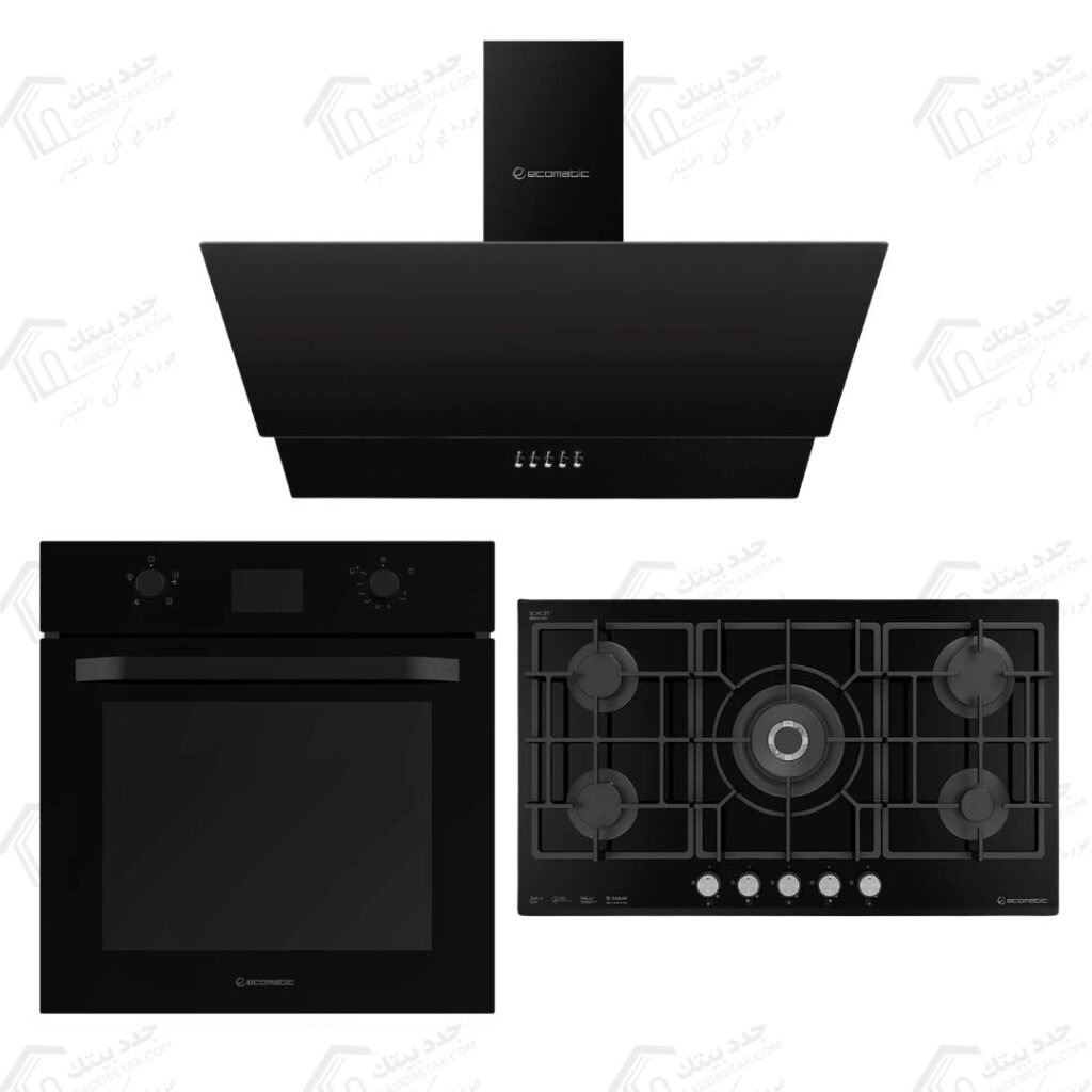 طقم بلت إن ايكوماتيك شفاط ديكوري 90 سم قوة شفط 750 م³/س 3 سرعات H9307MRB ايكوماتك مسطح غاز بلت إن 92 سم كريستال أسود 5 شعلات S997XLC ايكوماتك فرن غاز بلت ان 67 لتر 60 سم كريستال أسود ديجيتال G6504GTDX